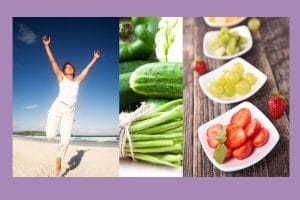 Mujer feliz con brazos en alto + verduras (montaje dividido)