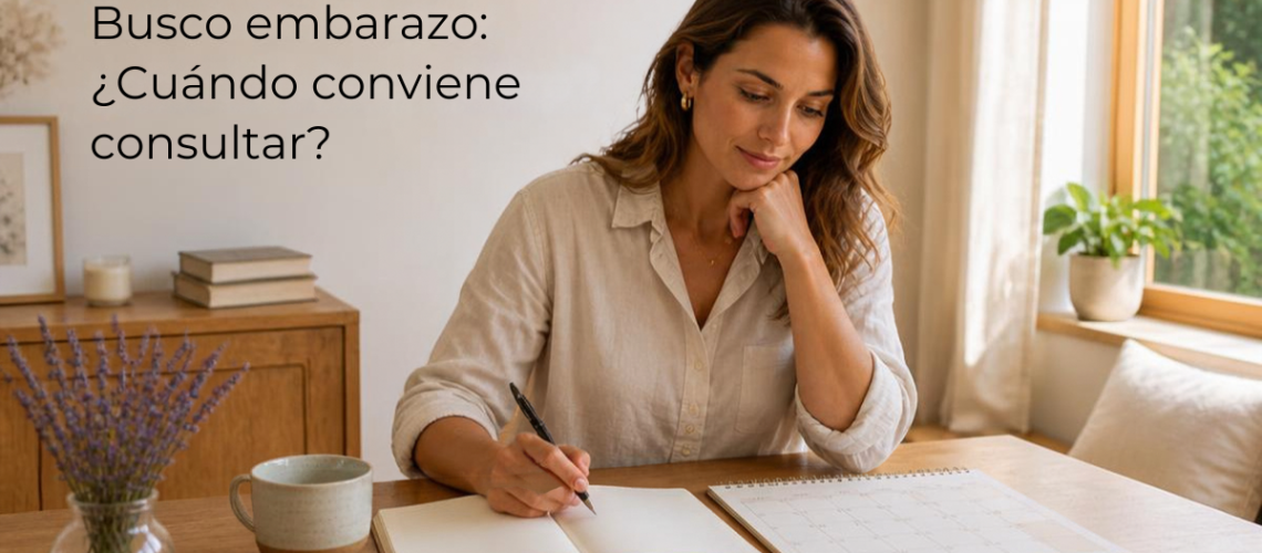 Mujer reflexionando sobre cuándo consultar durante la búsqueda de embarazo. Imagen generada con Canva.