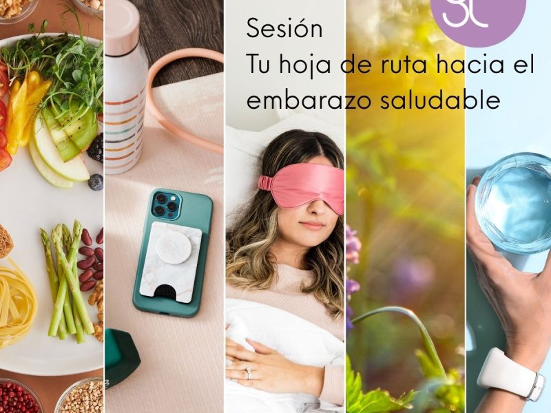 Collage con mujer y verduras, texto “Sesión tu hoja de ruta hacia el embarazo saludable”