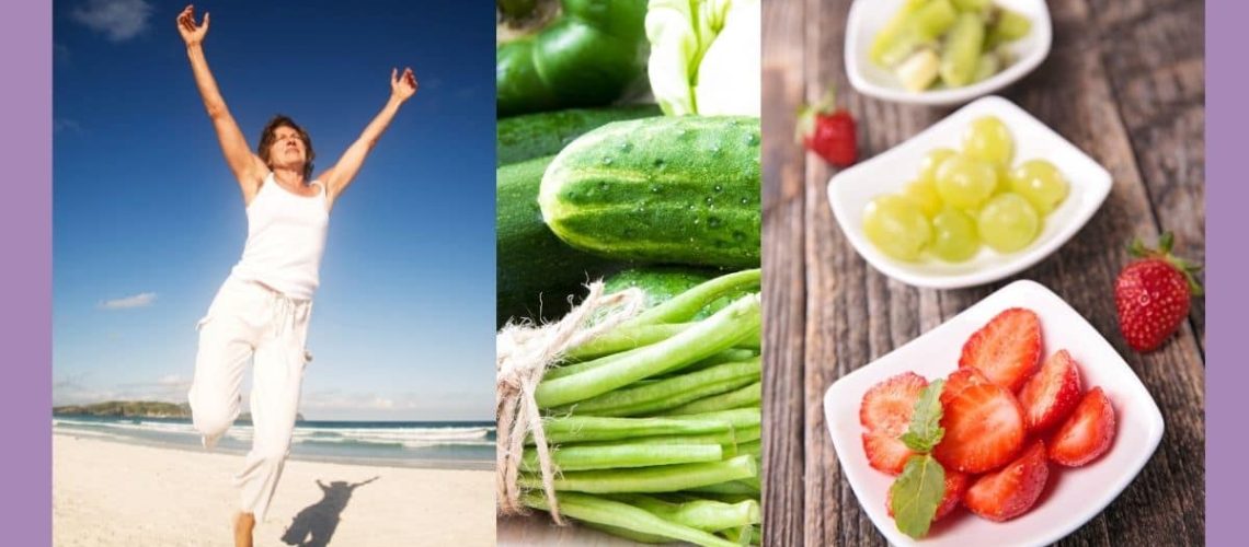 Mujer feliz con brazos en alto + verduras (montaje dividido)